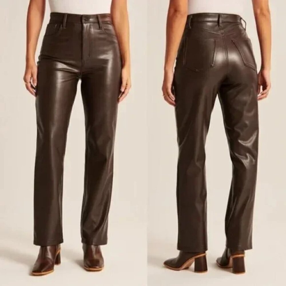 Abercrombie & Fitch Curve Love 28 6 Brown Vegan Leather Pants 90s Straight - Picture 3 of 11